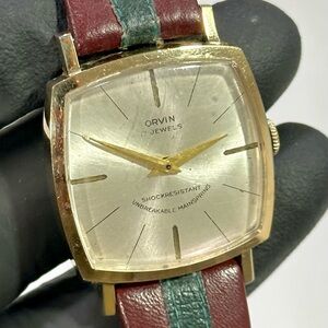 Orvin Vintage ‘60s Dress Watch with Champagne Dial Burgundy & Deep Green Strap
